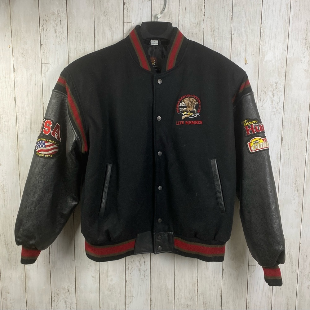 North American Hunt Club Coat L Mens Patches Leather Jacket Wool NRA Embroidery